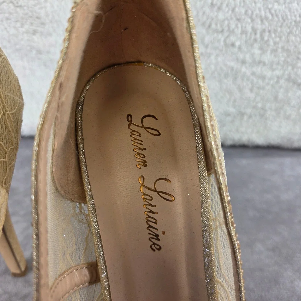 Lauren Lorraine Viv Champagne Lace Rhinestone Peep Toe Platform Pump Heels 8.5